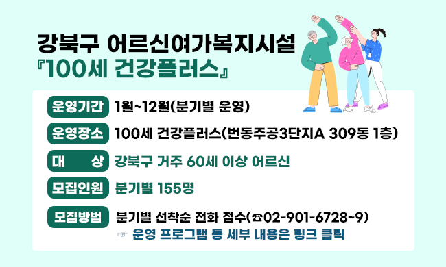 강북구 어르신여가복지시설 『100세 건강플러스』

운영기간 

1월~12월(분기별 운영)

운영장소

100세 건강플러스(번동주공3단지A 309동 1층)

대상

강북구 거주 60세 이상 어르신

모집인원

분기별 155명

모집방법

분기별 선착순 전화 접수(☎02-901-6728~9)

☛ 운영 프로그램 등 세부 내용은 링크(https://blog.naver.com/gangbuk_official/223475814663) 클릭